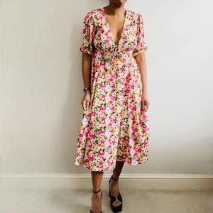 Asos multicoloured front floral midi dress with ties